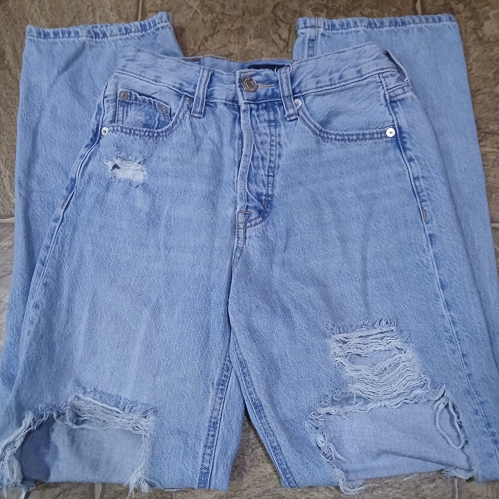Aeropostale 90's Baggy Button-Fly Denim Jeans Light Blue Distressed Sz 2 Womens
